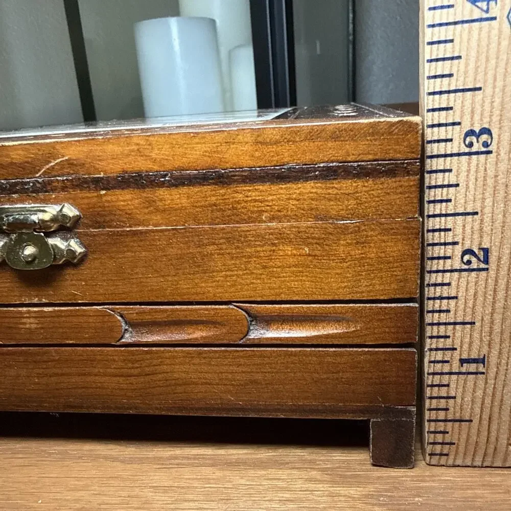 Vintage Carved Wood Tile Top Box Boho Jewelry Keepsake Rustic Decor 7x7x3.25